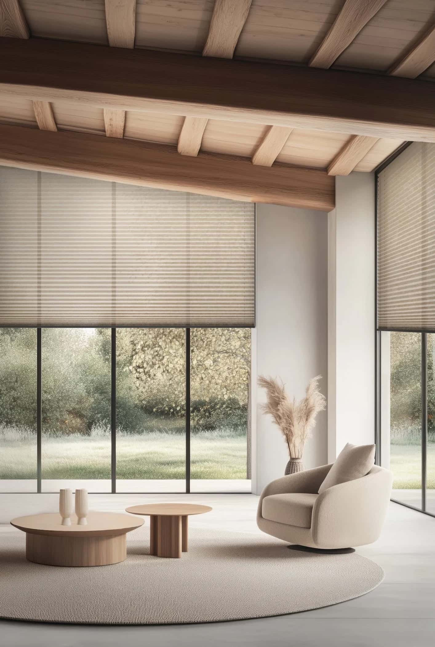 Plisségordijnen in een lichte, moderne woonkamer