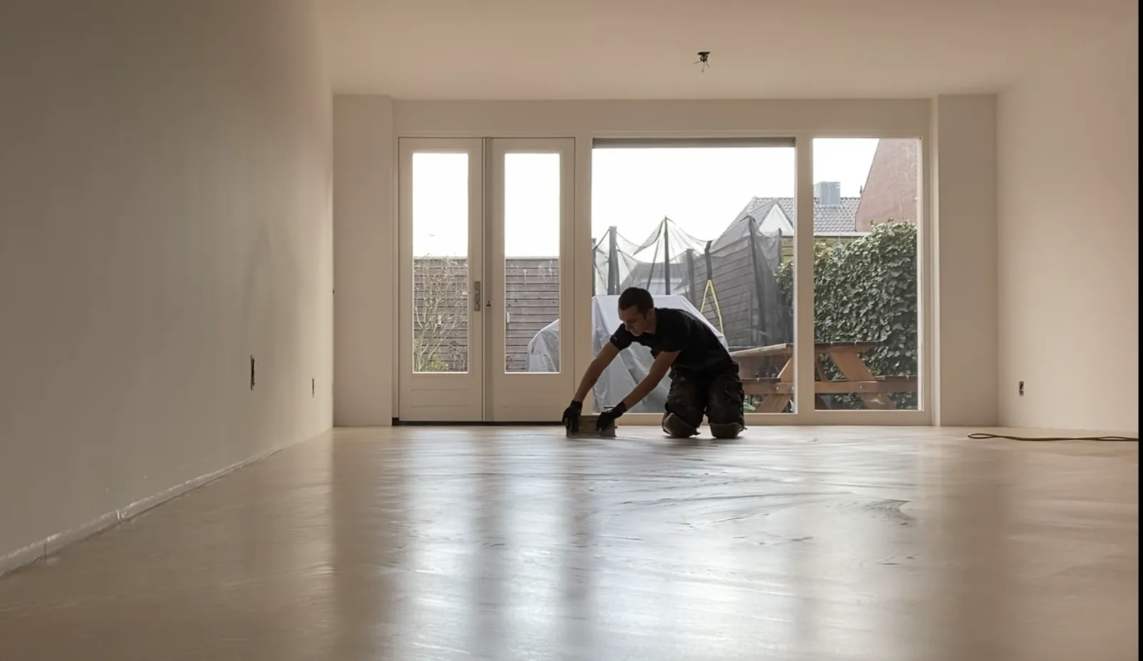 Vakman werkt een houten vloer af met olie, Culemborg